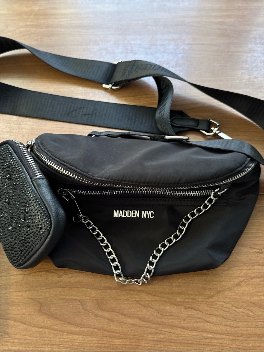 Steve Madden Black Crossbody Belt Bag with Chain
